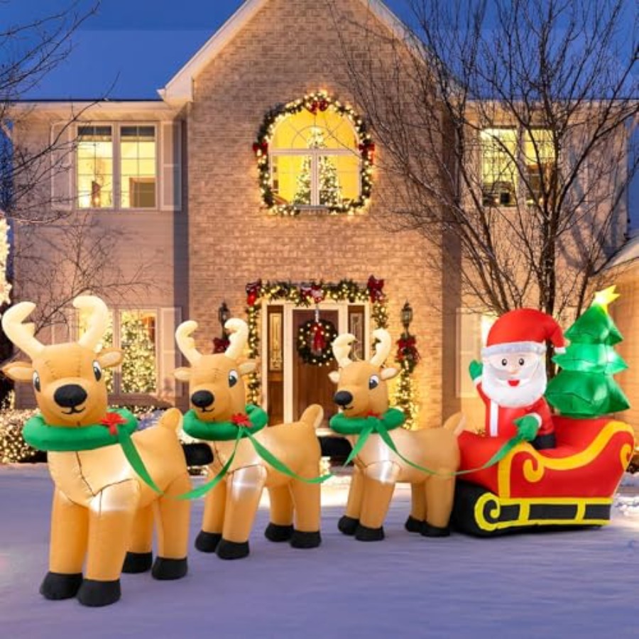 Outdoor Lighting On Trees - ของตกแต่งคริสต์มาสเป่าลมสำหรับกลางแจ้ง: ซานตาคลอสบนรถเลื่อนขนาด 13 ฟุต พร้อมไฟประดับ 3