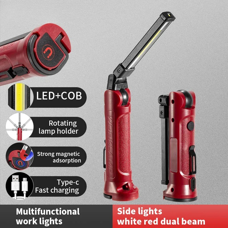 Outdoor Lighting Guide - COB LED ไฟทำงานแบบชาร์จไฟได้ไฟฉายพับได้กลางแจ้งแคมป์ปิ้งซ่อมรถยนต์โคมไฟแบบพกพาพร้อมตะขอแขวนแม่เหล็ก