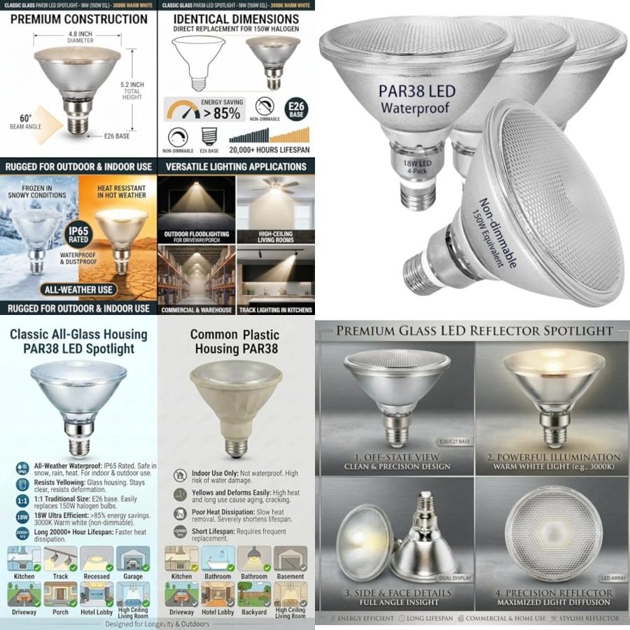 Led Flood Light - หลอดไฟ LED PAR38 แบบกระจกสะท้อนแสง, แสงสีขาวอบอุ่น, 18W,