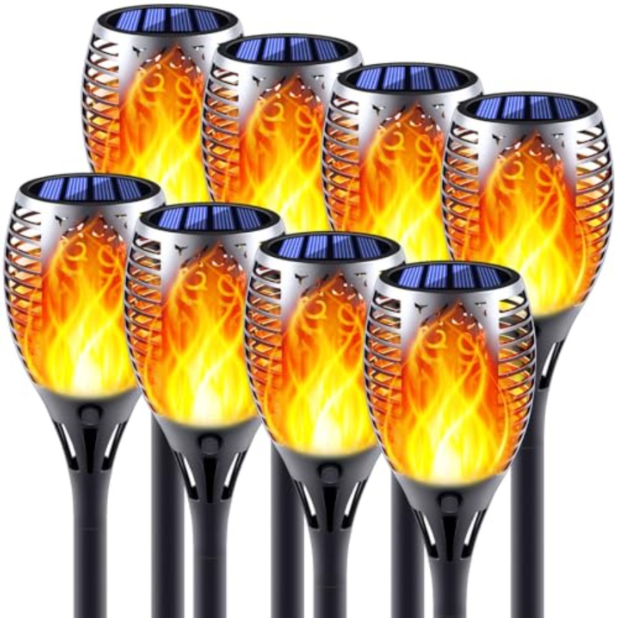 Fire Torch Solar - ไฟฉายพลังงานแสงอาทิตย์พร้อมเปลวไฟกระพริบ, ไฟตกแต่งสวนแบบเอฟเฟกต์เปลวไฟ, เปิด/ปิดอัตโนมัติเมื่อเข้า/ออก, ตกแต่งภูมิทัศน์กลางแจ้งแบบกันน้ำ