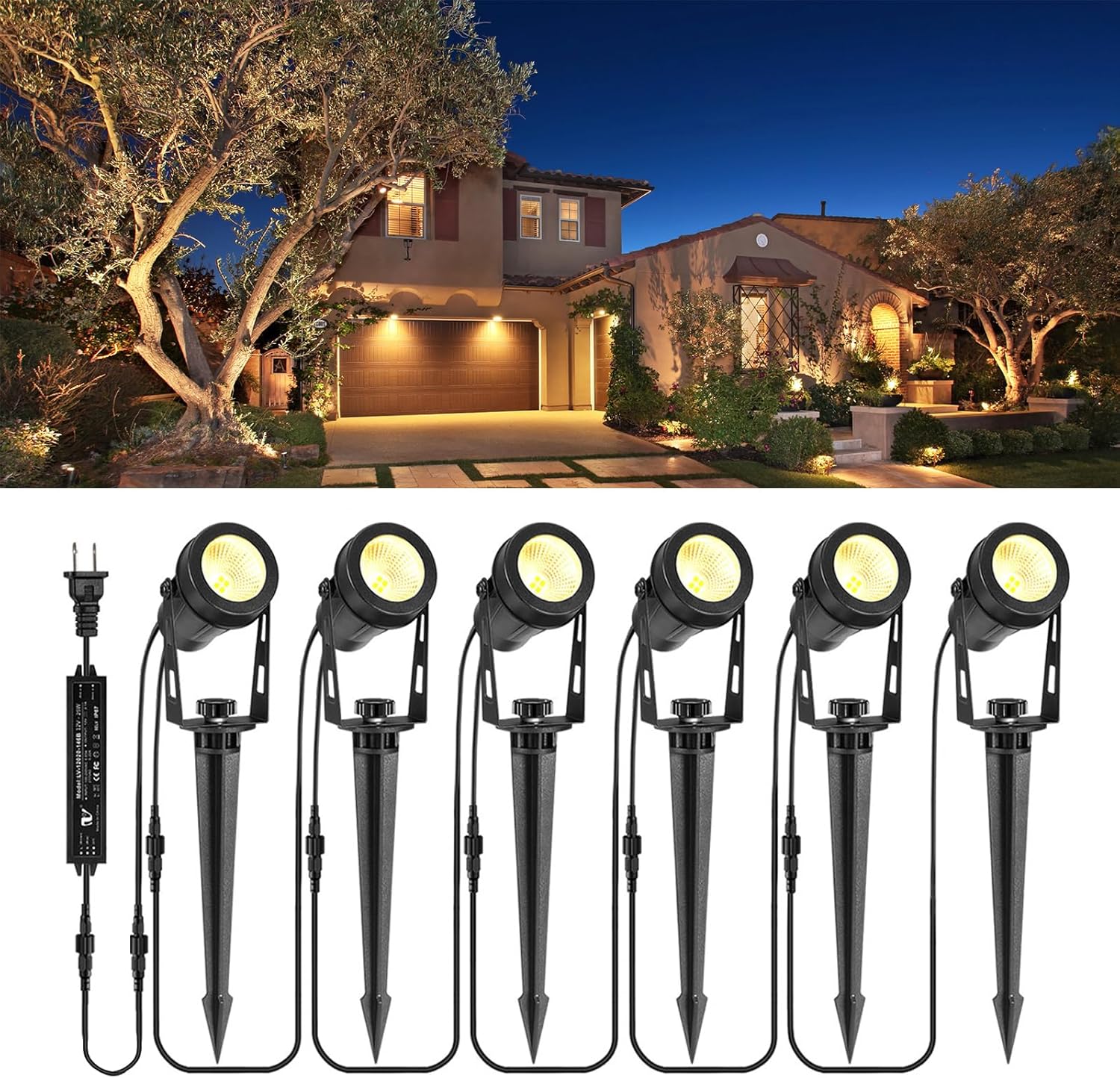 Outdoor Lighting Low Voltage - ไฟภูมิทัศน์แรงดันต่ำ 6 ชิ้น, ไฟสปอตไลท์กลางแจ้งพร้อมหม้อแปลงไฟฟ้า 12V, ไฟสปอตไลท์แบบเสียบปลั๊กกันน้ำระดับ