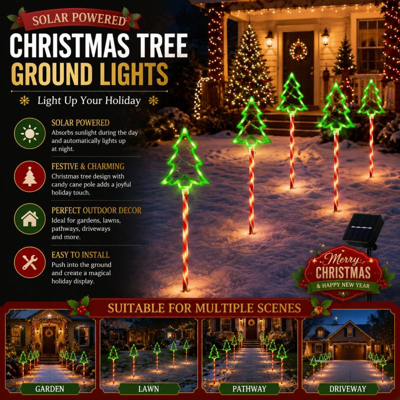 Outdoor Lighting On Trees - ไฟต้นไม้พลังงานแสงอาทิตย์สำหรับกลางแจ้ง LED สีเขียว รูปทรงต้นคริสต์มาส ติดตั้งบนเสาไม้เท้าลูกกวาด สำหรับตกแต่งสวน