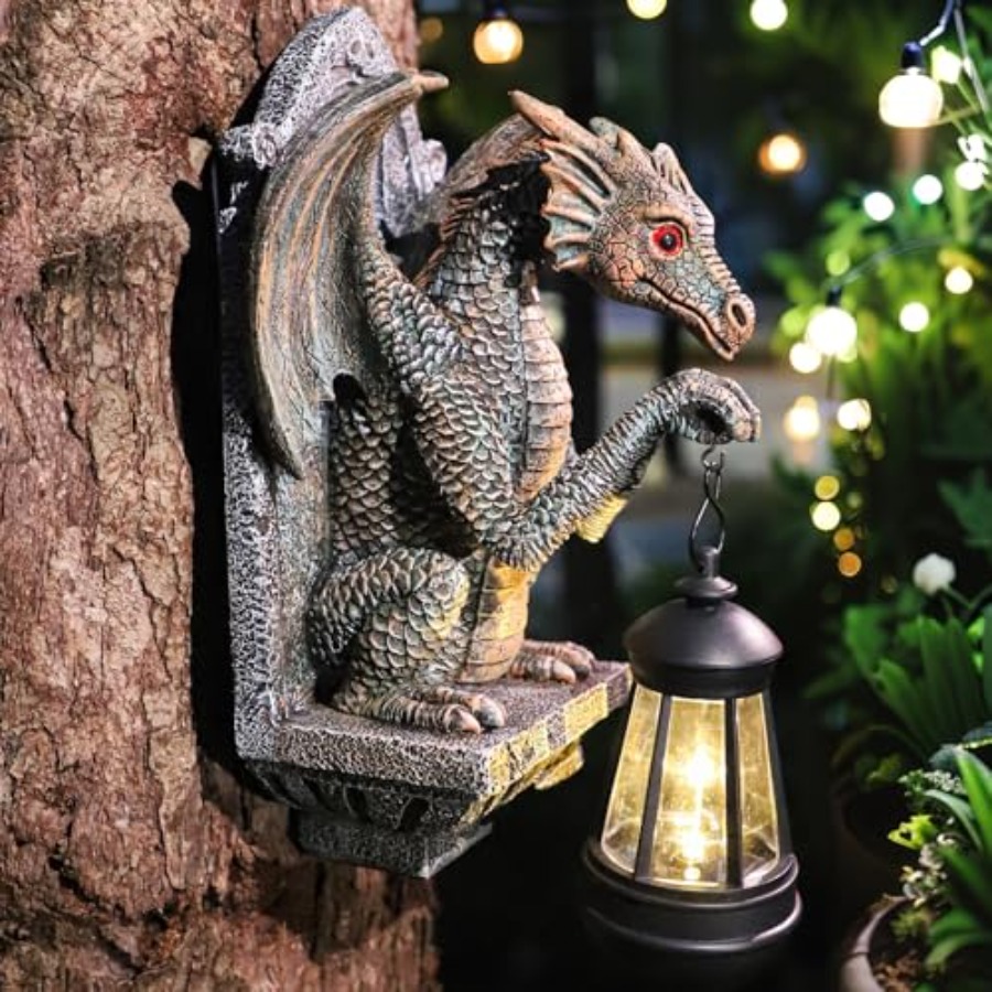 Outdoor Lighting On Trees - โคมไฟพลังงานแสงอาทิตย์รูปรูปปั้นมังกรสำหรับตกแต่งสวน, ไฟกลางคืนรูปมังกร, โคมไฟตกแต่งกลางแจ้งขนาด 10 นิ้ว, ติดตั้งได้บนต้นไม้/ผนัง
