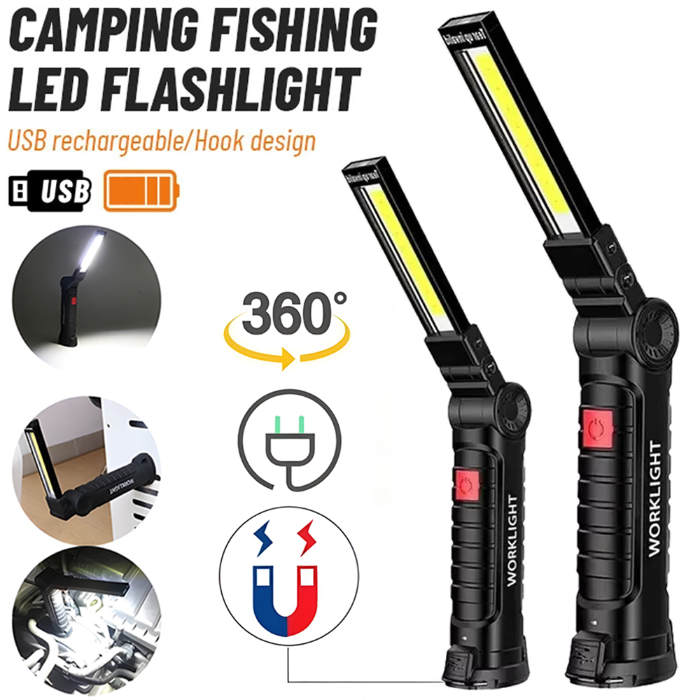 Outdoor Lighting Guide - ไฟฉาย LED COB แบบชาร์จไฟได้ผ่าน USB พร้อมแม่เหล็กและตะขอ